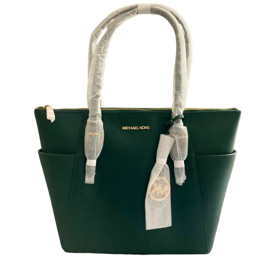 Michael Kors Charlotte 35T0GCFT7L Large Top Zip Tote In Racing Green